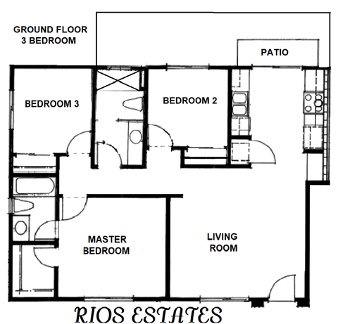 Floor plan for 3 beds, 2 baths, 1100 sqft